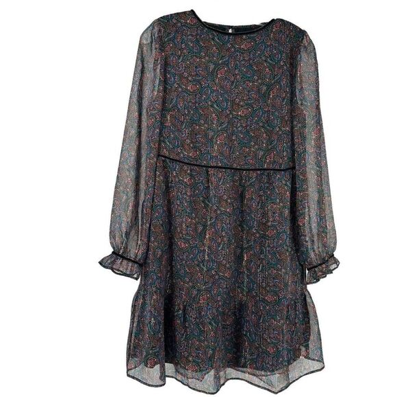 LOFT Shimmer Paisley Velvet Trim Swing Dress XS Black Long Sleeve Ruffle Cuff - Picture 1 of 11